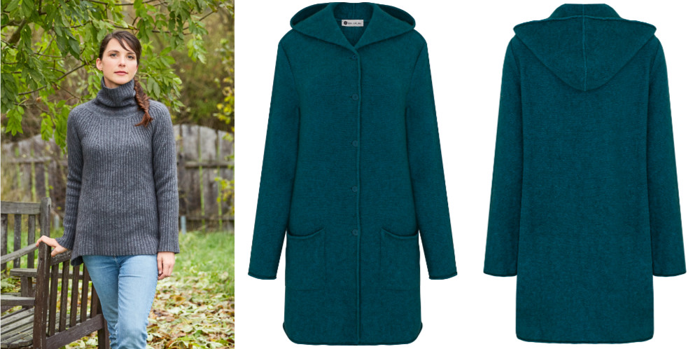Frau in grauem Rollkragenpullover im Freien, daneben Vorder- und R&uuml;ckansicht eines petrolblauen Wollmantels mit Kapuze, Produktfoto: Oliver Giel