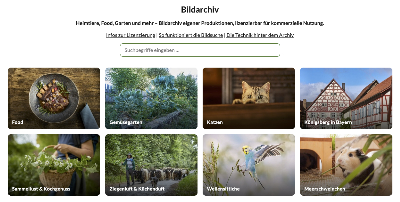 Bildarchiv-Website mit Kategorien: Gericht in Schale, Gem&uuml;segarten, Katzenportr&auml;t, Fachwerkhaus Bayern, Kr&auml;utersammlung, Ziegenherde, Blaumeise, Meerschweinchen, Foto: Oliver Giel