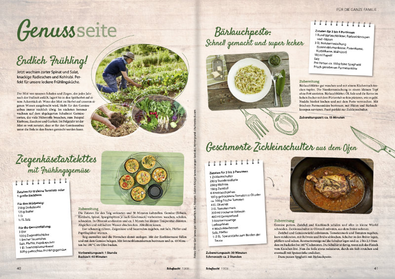 Doppelseite eines Magazins mit Fr&uuml;hlingsrezepten, darunter Ziegenk&auml;setartelettes, B&auml;rlauchpesto und Zickleinschulter, Foto: Oliver Giel