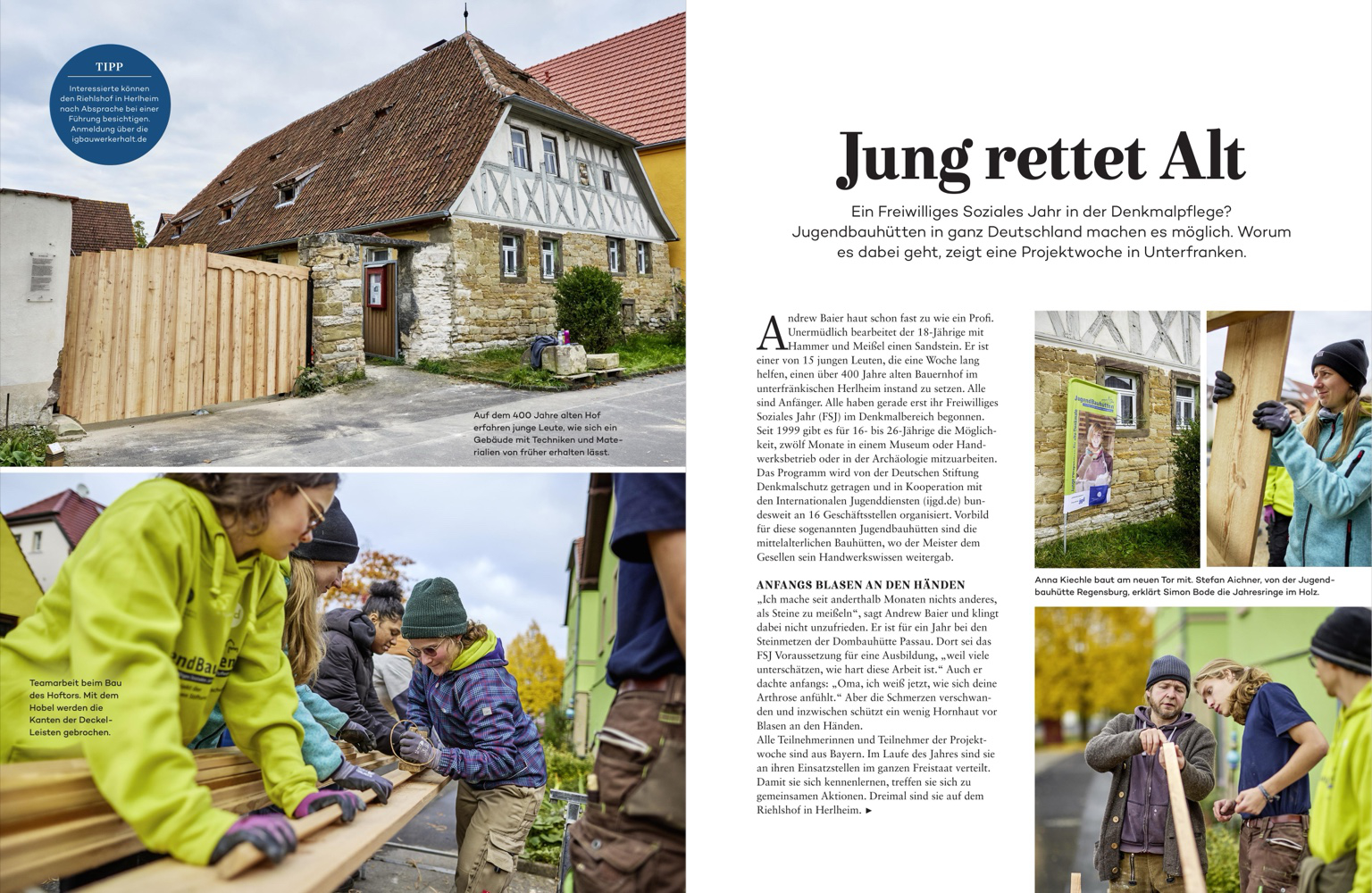 Magazinseite "Jung rettet Alt": Jugendliche bauen Holztor am 400 Jahre alten Riehlshof, Reportage, Oliver Giel
