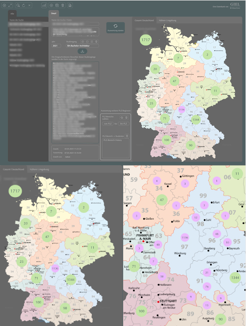 Eine Filemaker-Anwendung die eine Deutschland-Karte zeigt in der Zahlenwerte den einzelnen PLZ-Regionen zugeordnet sind.
