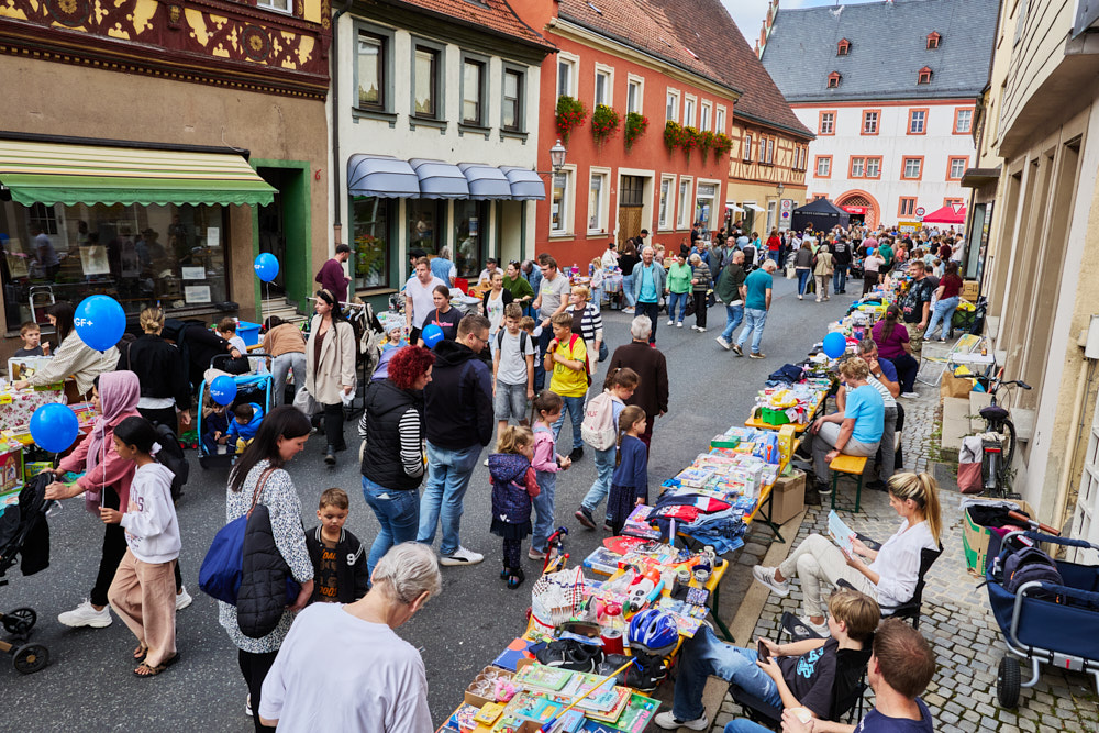 Besucher und Flohmarkttische mit Spielzeug und B&uuml;chern in Altstadtgasse, Ha&szlig;furter Stra&szlig;enfest, Oliver Giel