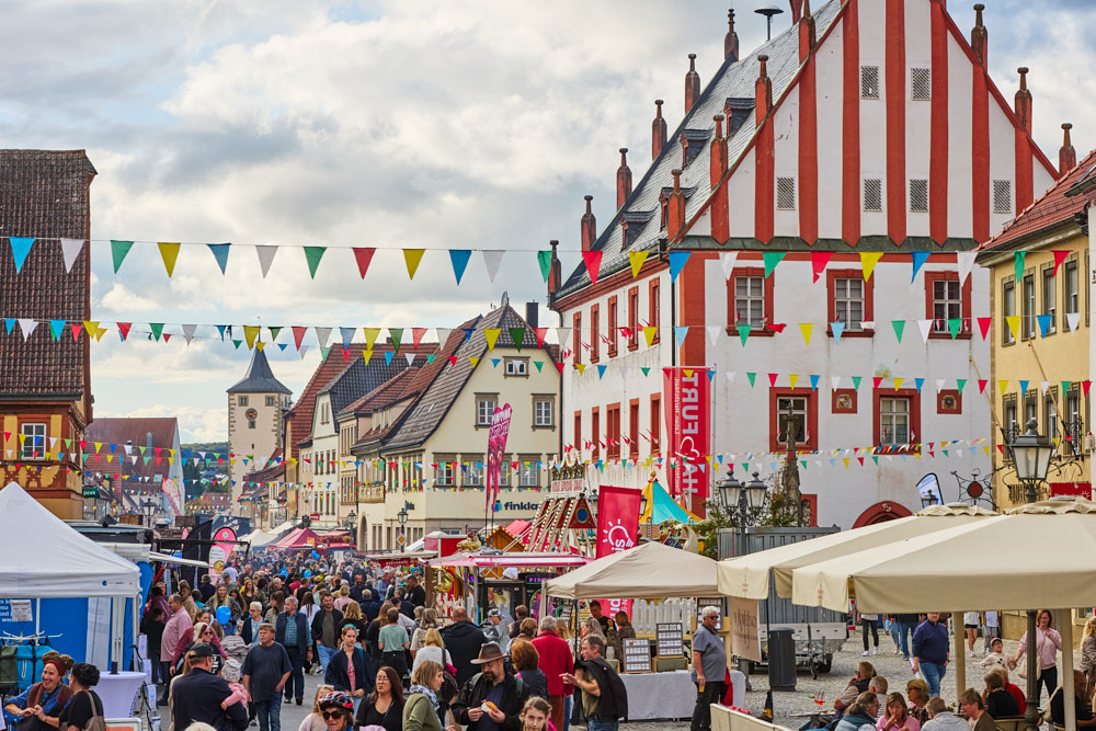 Menschenmenge zwischen St&auml;nden und Wimpelketten vor rot-wei&szlig;em Giebelhaus, Ha&szlig;furter Stra&szlig;enfest, Oliver Giel