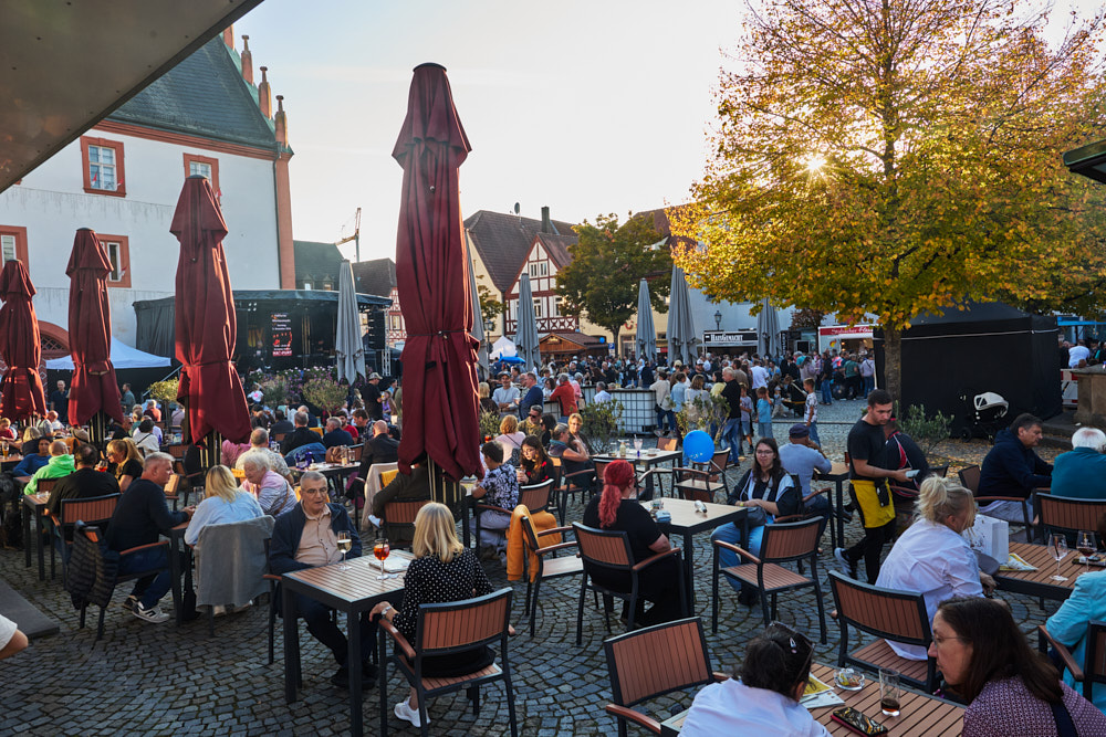 G&auml;ste an Tischen auf Kopfsteinpflaster, Ha&szlig;furter Stra&szlig;enfest, Herbstbaum im Gegenlicht, Foto: Oliver Giel