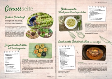 Zeitschriftenseite mit Genussthemen, Rezepten f&uuml;r Gem&uuml;segerichte und Zucchinibl&uuml;ten mit Fotos von Garten und Speisen, Layout mit Text und Bildern, Foto: Oliver Giel