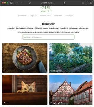 Website-Screenshot des Bildarchivs von Oliver Giel mit Kategorien Food, Garten, Katzen und Architektur, Foto: Oliver Giel