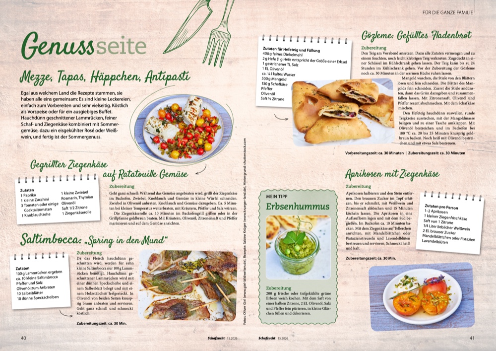 Rezeptseite mit mediterranen Gerichten: Gef&uuml;lltes Fl&auml;denbrot, gegrillter Ziegenk&auml;se, Saltimbocca und Aprikosen mit Ziegenk&auml;se, Speisen-Fotos und Zutaten, Kochmagazin-Layout, Foto: Oliver Giel