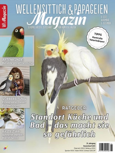 Wellensittich & Papageien Magazin-Titelseite mit zwei Nymphensittichen auf Ast, Ausgabe 6/2023, Themen zu Artenkunde und Vogelgesundheit, Foto: Oliver Giel